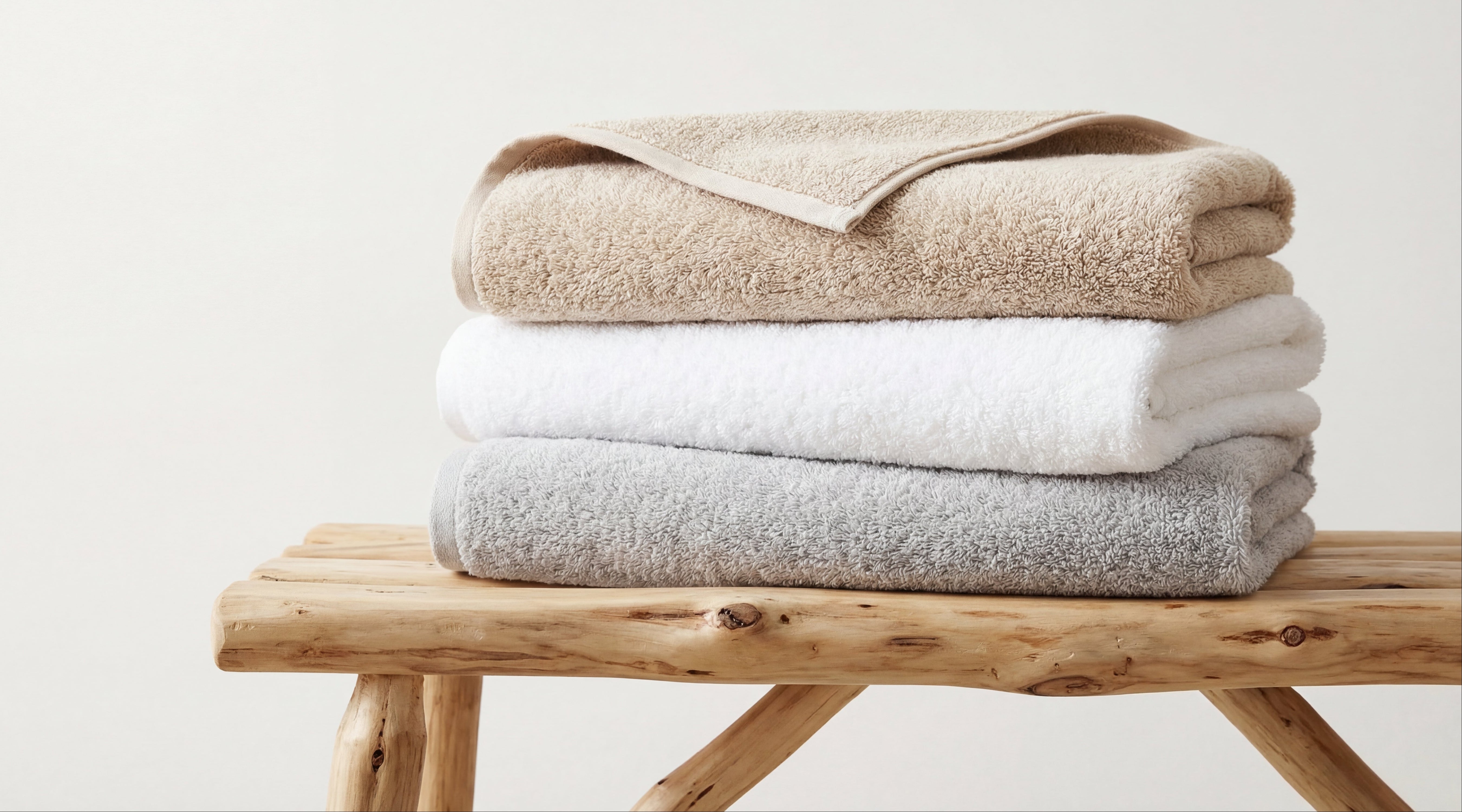 Stack of soft cotton towels in neutral tones placed on a natural wooden bench.