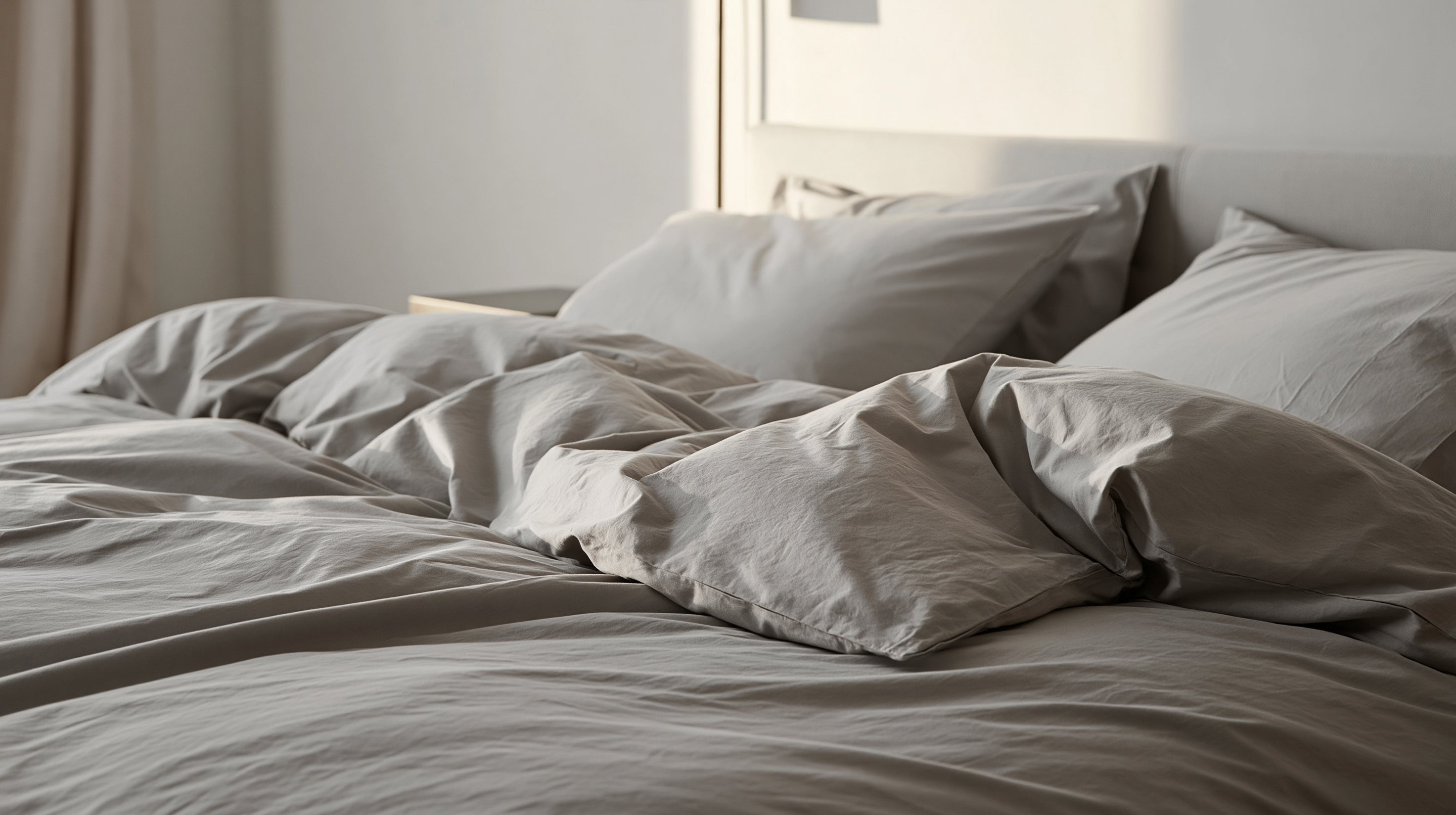 Minimal bedroom with a wooden bed dressed in soft neutral linen bedding and pillows.