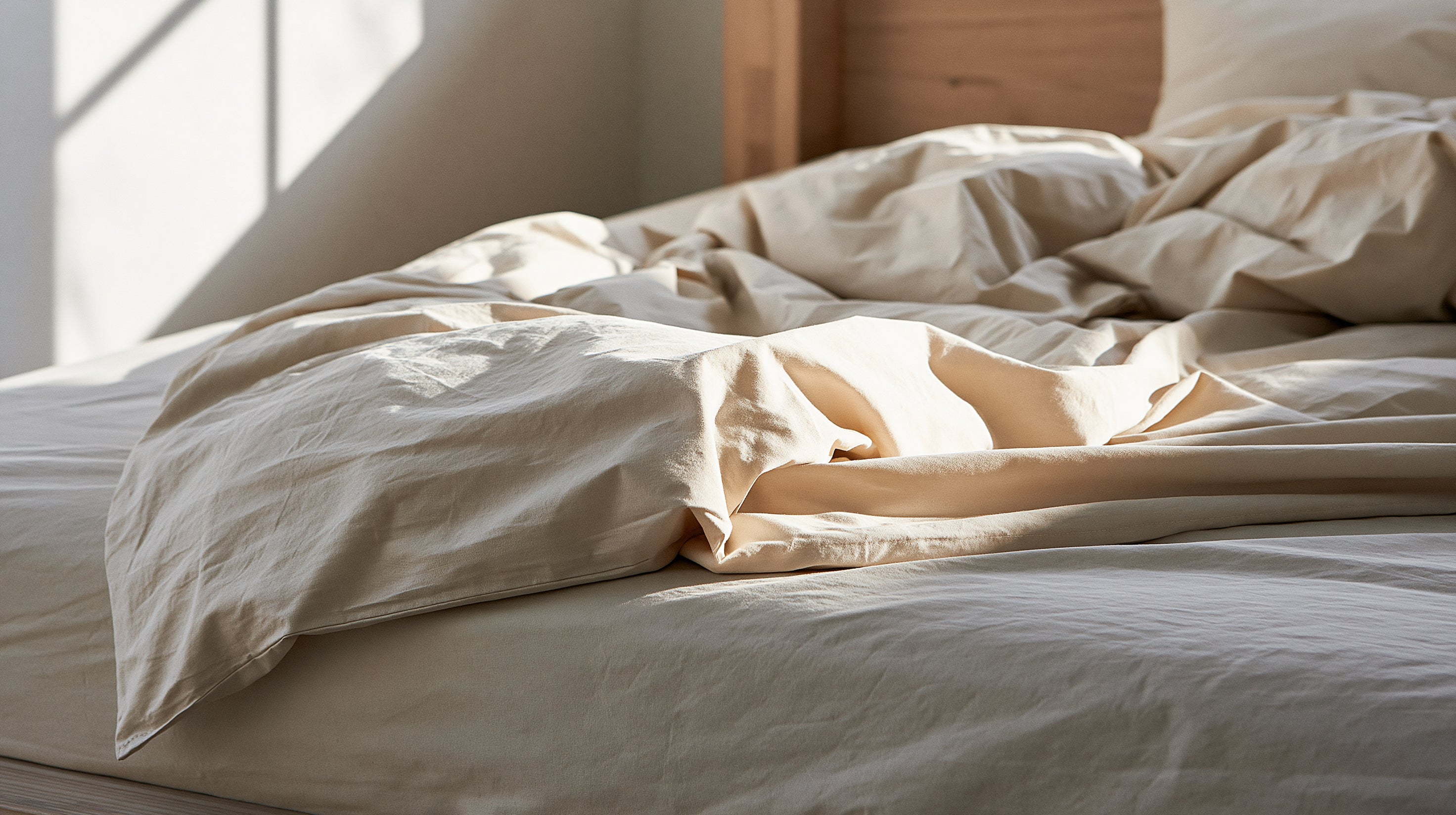 Relaxed bedding styled on a bed with soft folds and warm morning light.