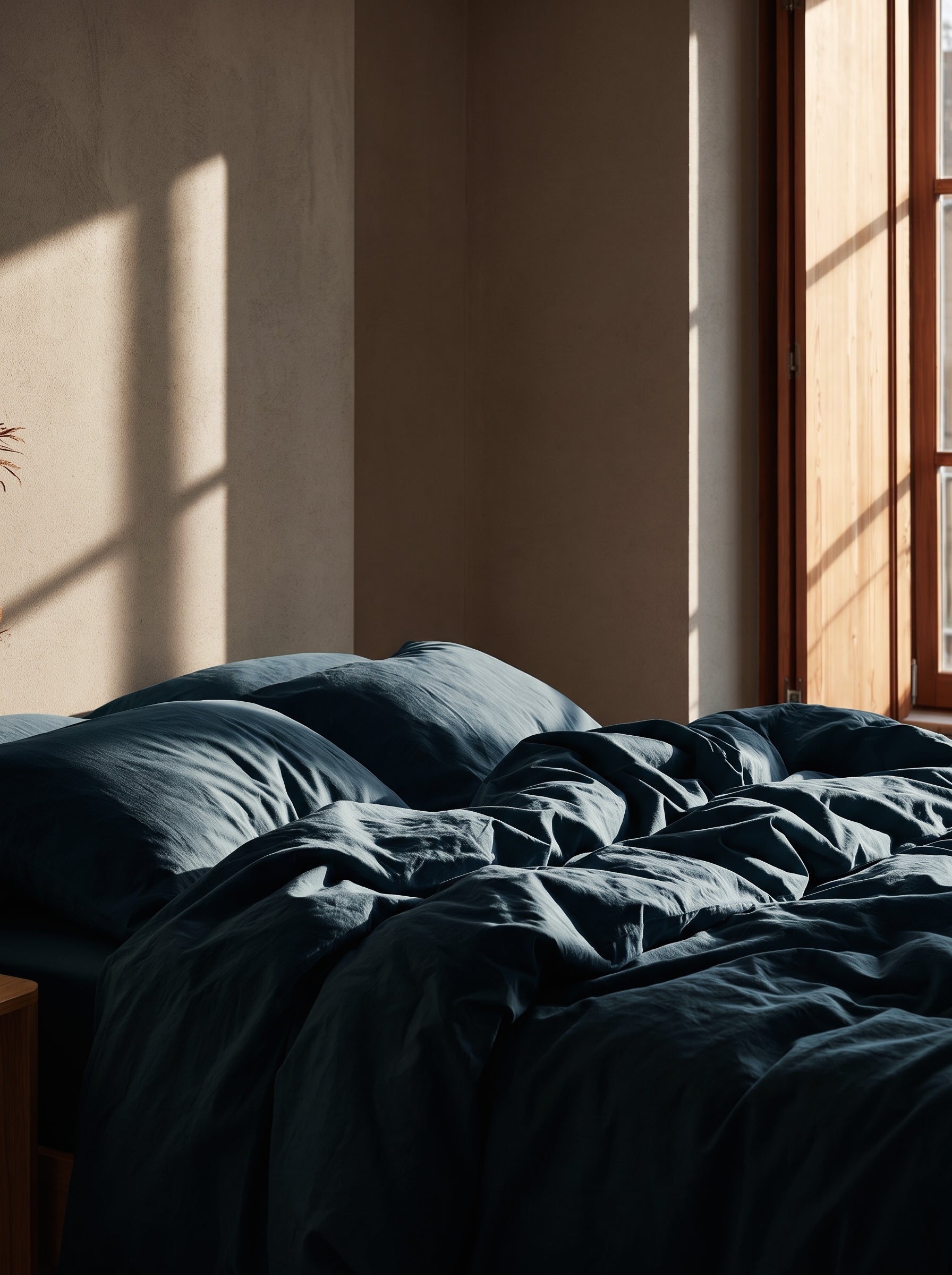 Relaxed bed with dark cotton bedding and warm window light in a calm bedroom.