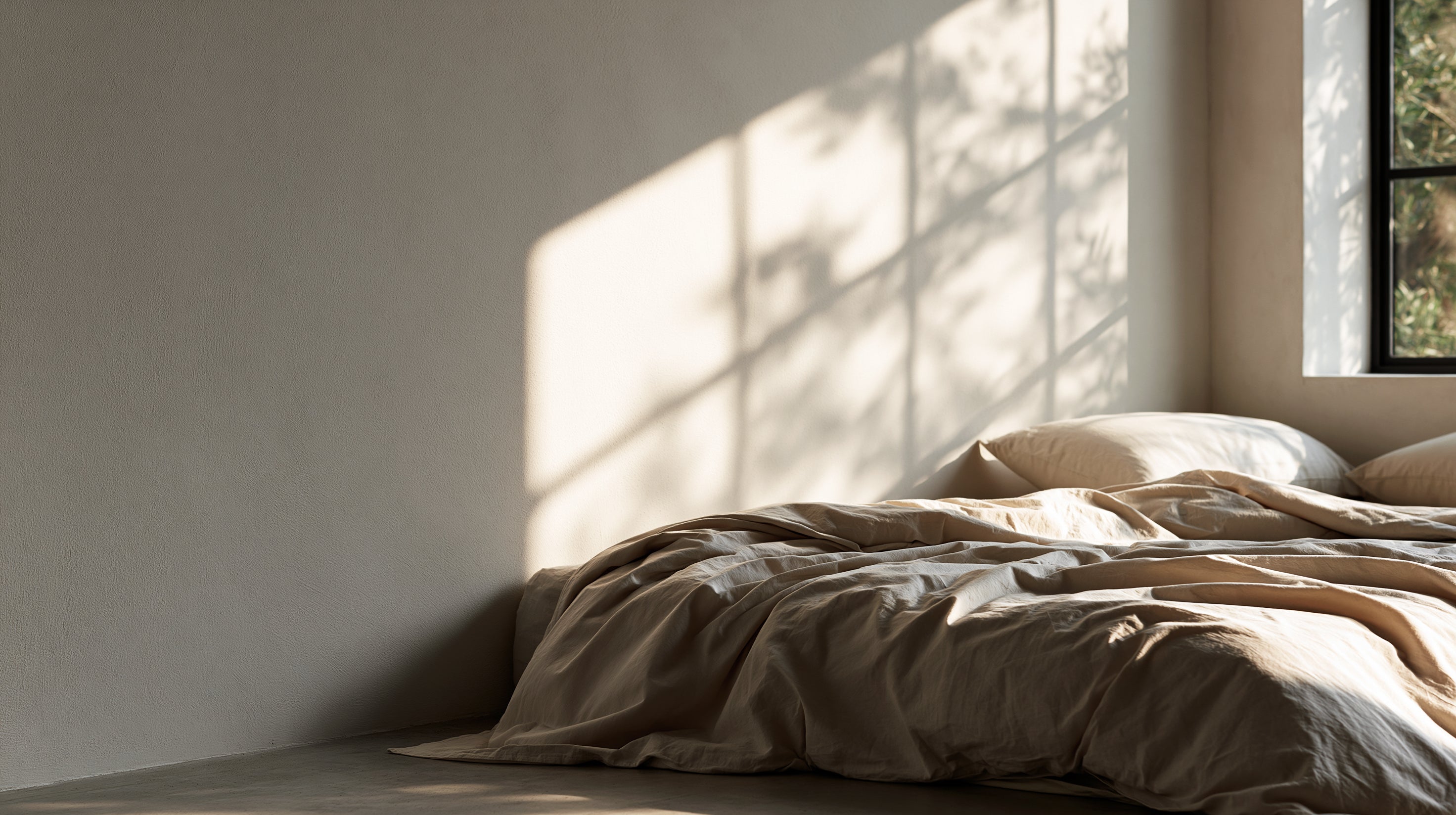 Minimal bedroom with relaxed bedding and soft shadows from natural window light.