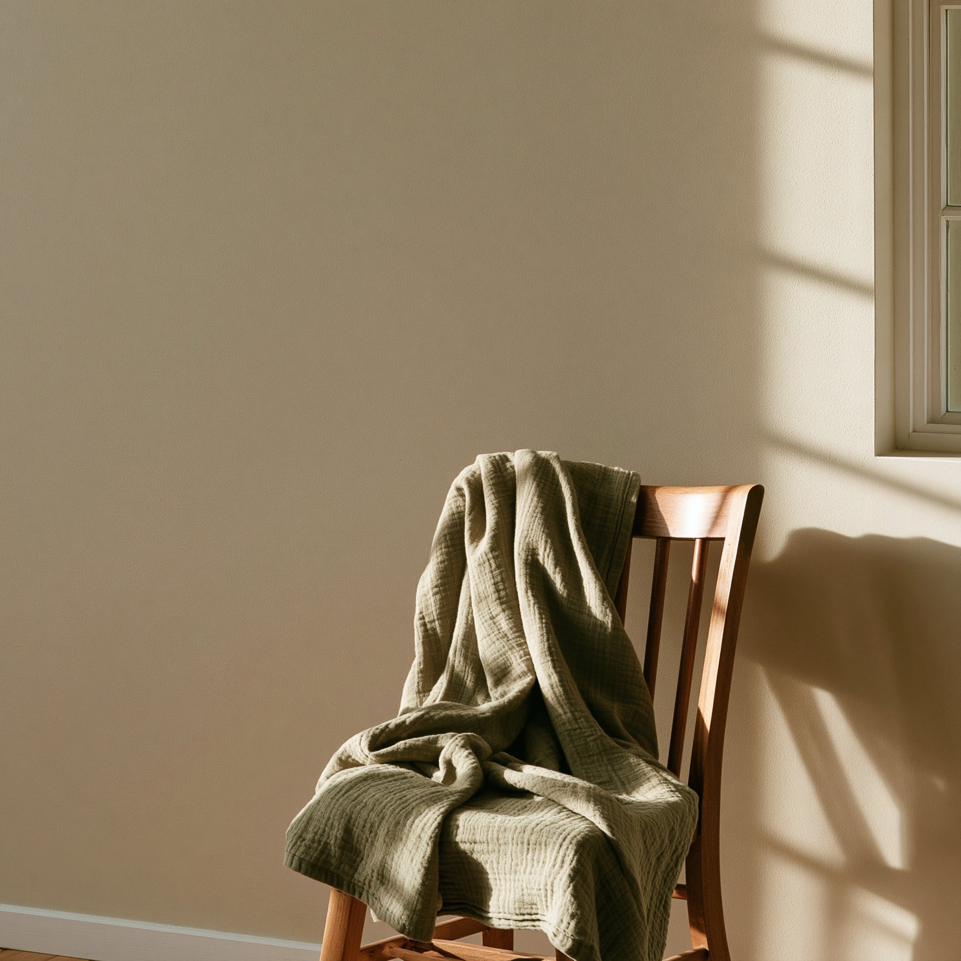 Soft cotton throw in neutral tones styled on a sofa with natural light.