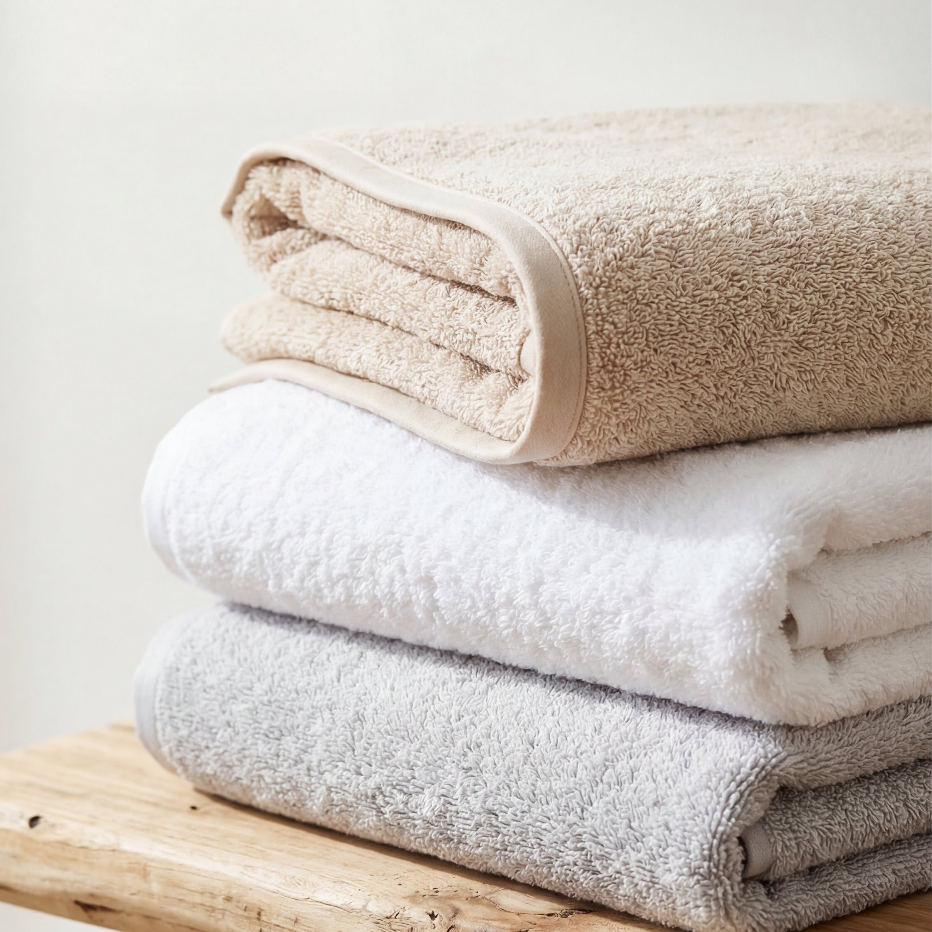Folded cotton towels in soft neutral tones placed on a natural wooden stool.