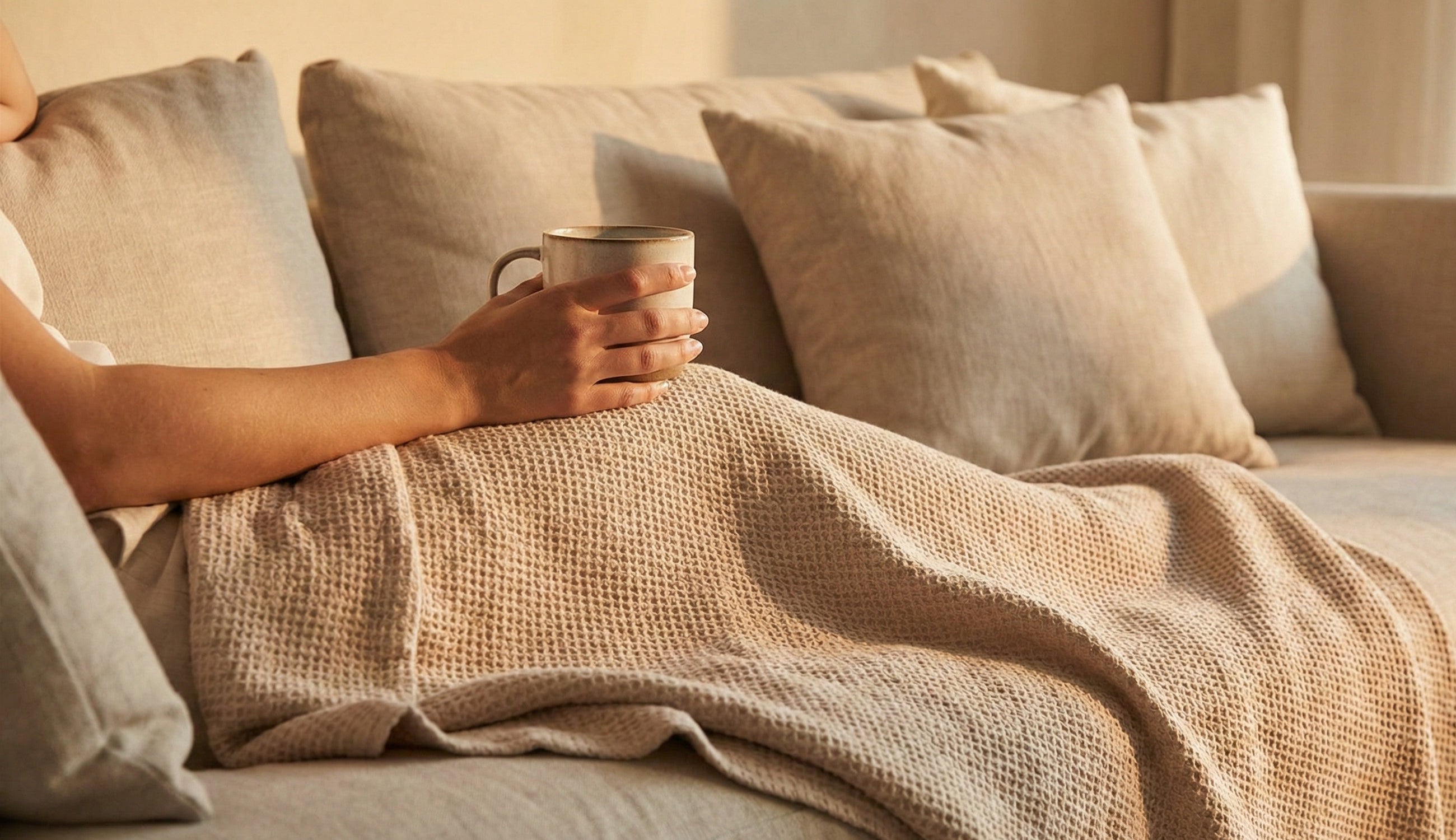 Soft cotton throw in neutral tones styled on a sofa with natural light.