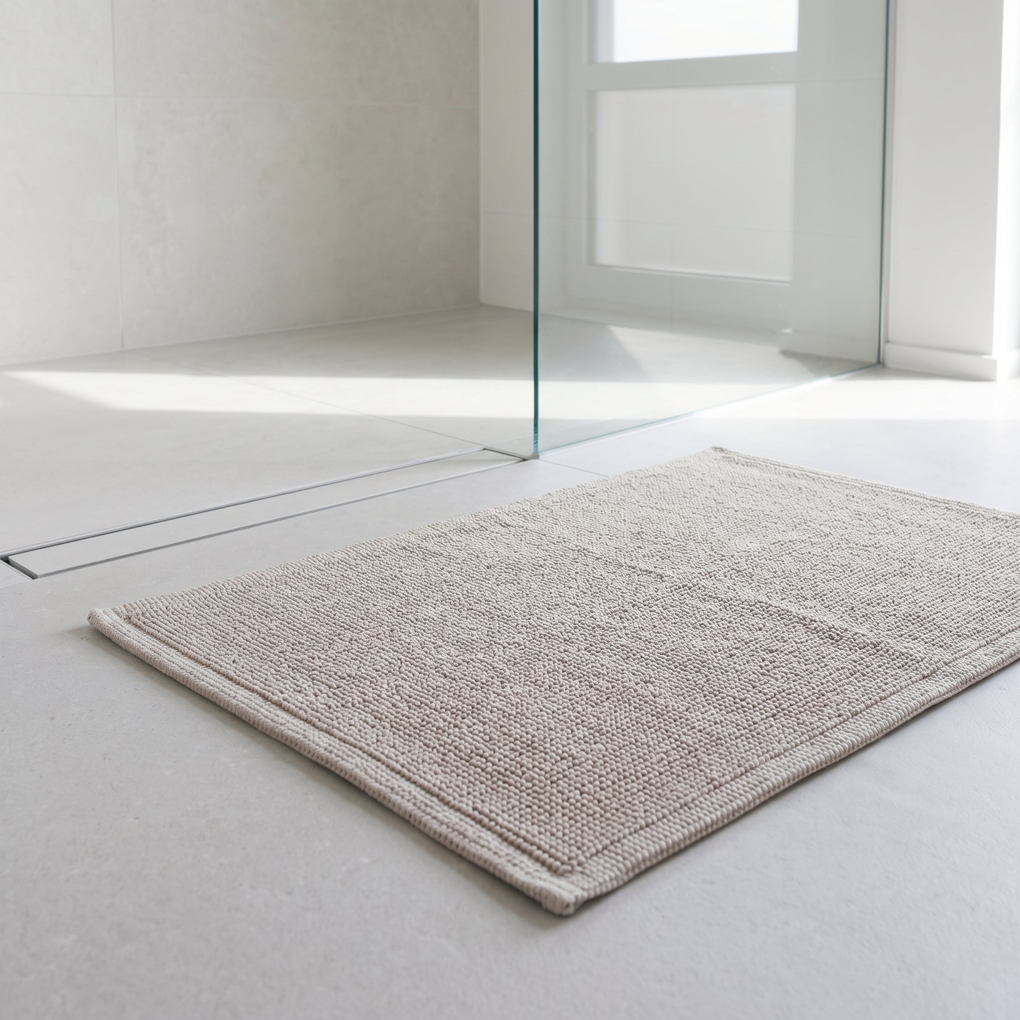 100% cotton bath mat placed beside a walk-in shower, bringing texture and comfort to the bathroom.