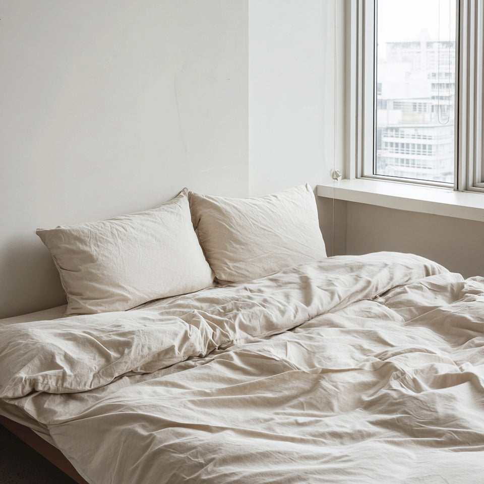 Minimal bedroom styled with a duvet cover and matching pillowcases in soft cotton fabric.