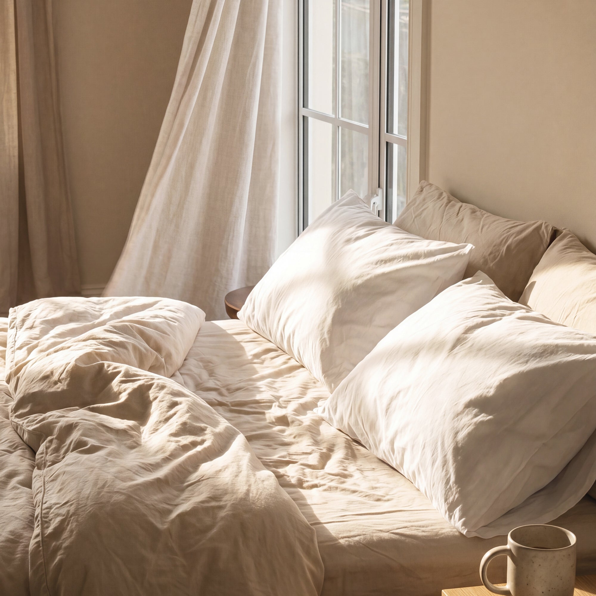 Duvet cover set with matching pillowcases styled on a bed in soft natural light.