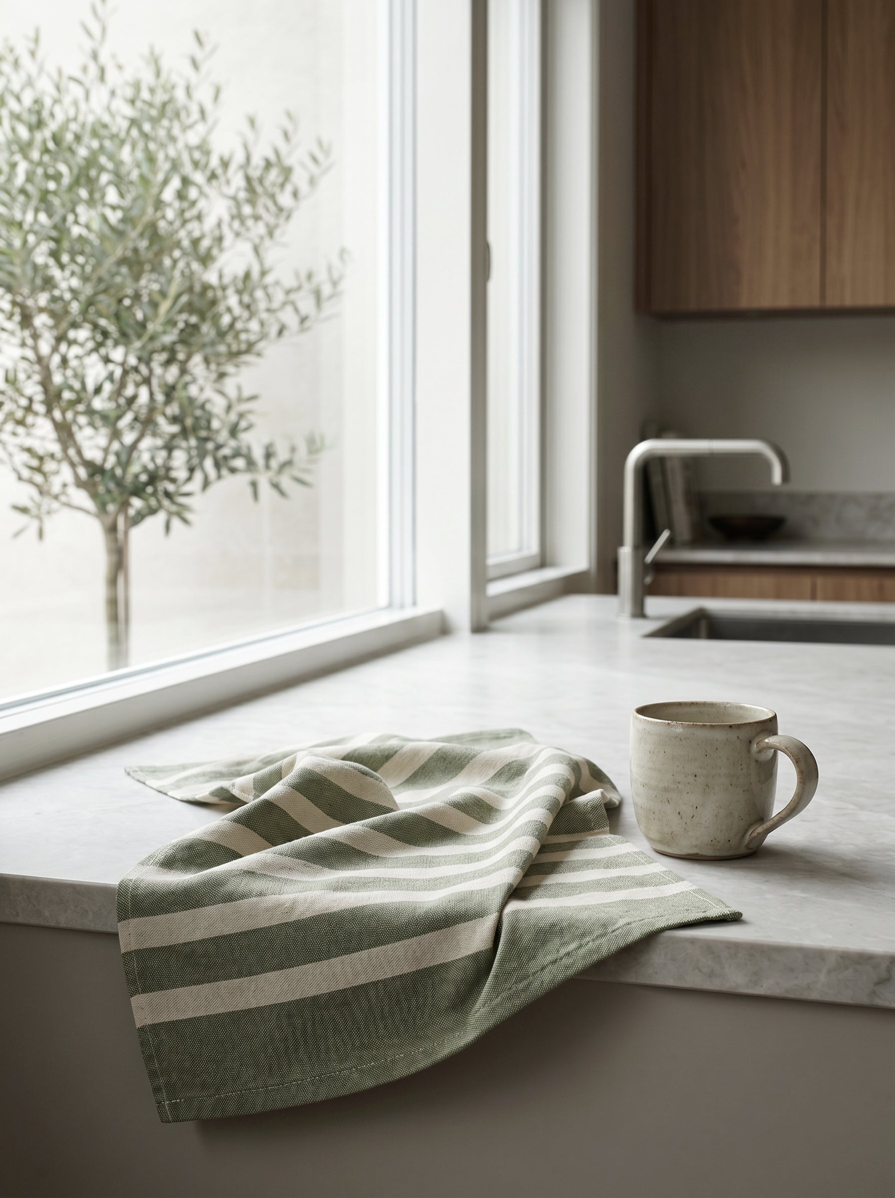 100% cotton kitchen towel draped on a kitchen countertop, designed for everyday use and effortless care.