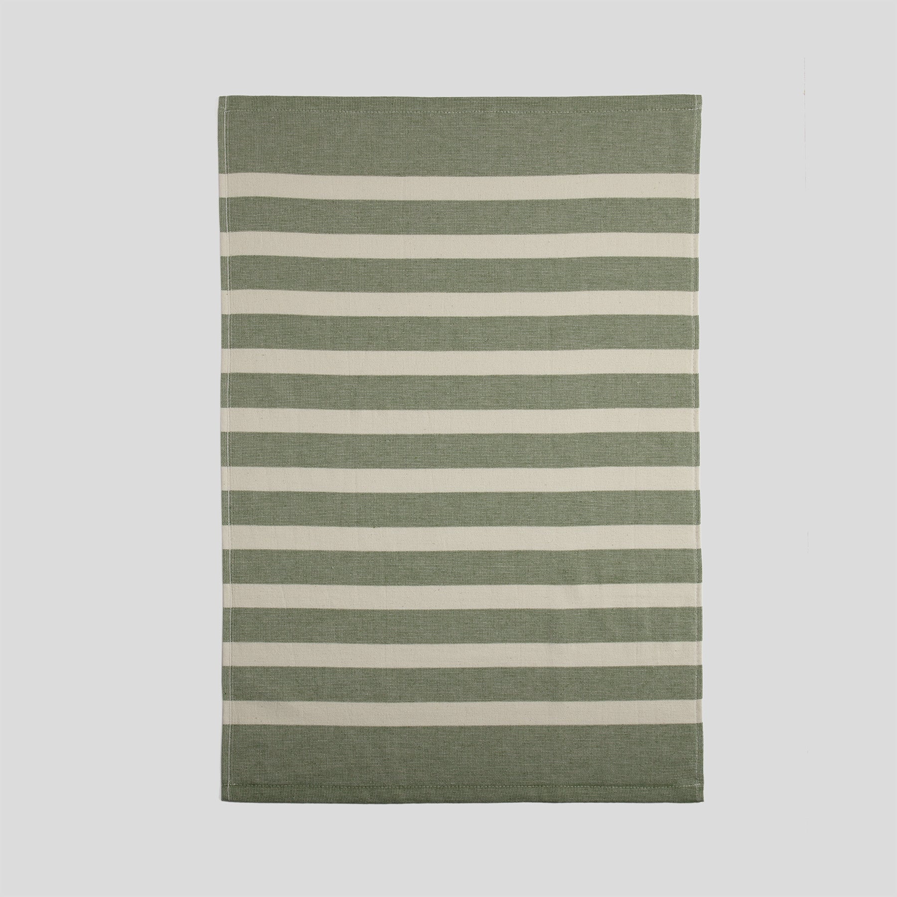 Cotton kitchen towel in olive with a smooth front and horizontal stripe pattern.